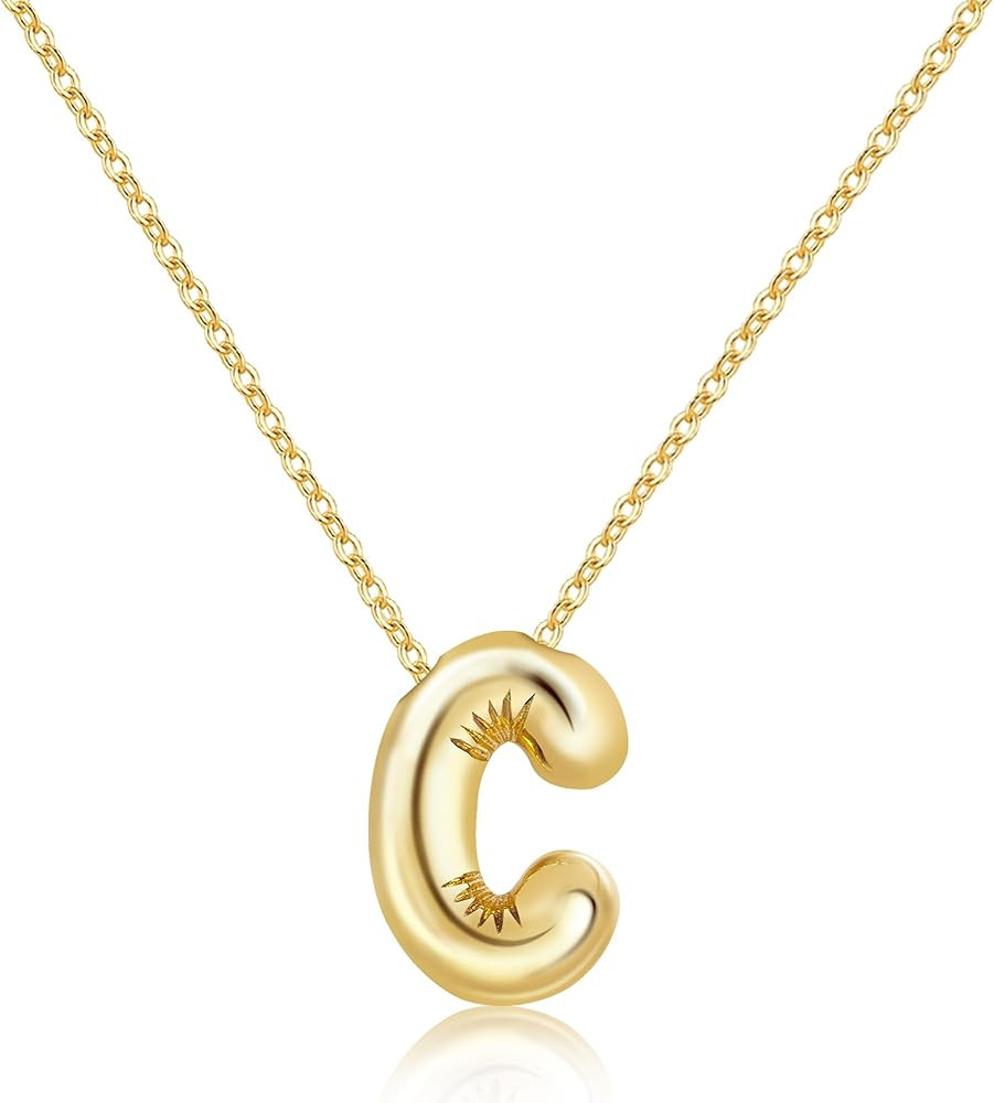 Letter Necklace Bubble Initial Pendant Necklaces for Women Cute Alphabet 14K Gold Plated Design B... | Amazon (US)