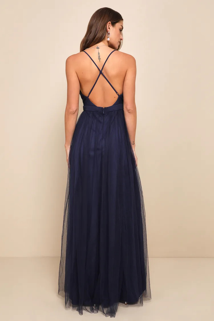 Rare Beauty Navy Blue Tulle Backless Maxi Dress | Lulus