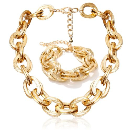 ACEDRE Chunky Choker Necklace Bracelet Sets Gold Cuban Link Chain Statement Jewelry Set for Women | Amazon (US)