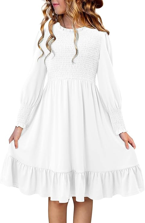 Yoklass Girls Smocked Dress Casual Puff Long Sleeve Ruffle Neck Dresses 4-13 Years | Amazon (US)