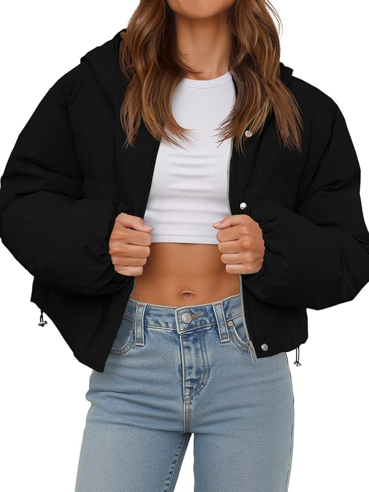 Tankaneo Women's Cropped Puffer Jacket Casual Winter Hoodie Baggy Short Down Coats with Pockets | Amazon (US)
