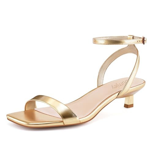 Dumjey Kitten Heels for Women Ankle Strap Low Heel Sandals - Gold 11 US | Amazon (US)
