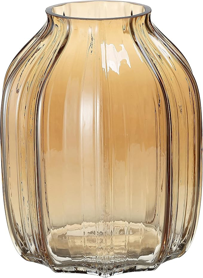 Large Amber Glass Vase for Flowers Ribbed Tall Gold Floor Vase 8.0" Decorative Vases for Home Tab... | Amazon (US)