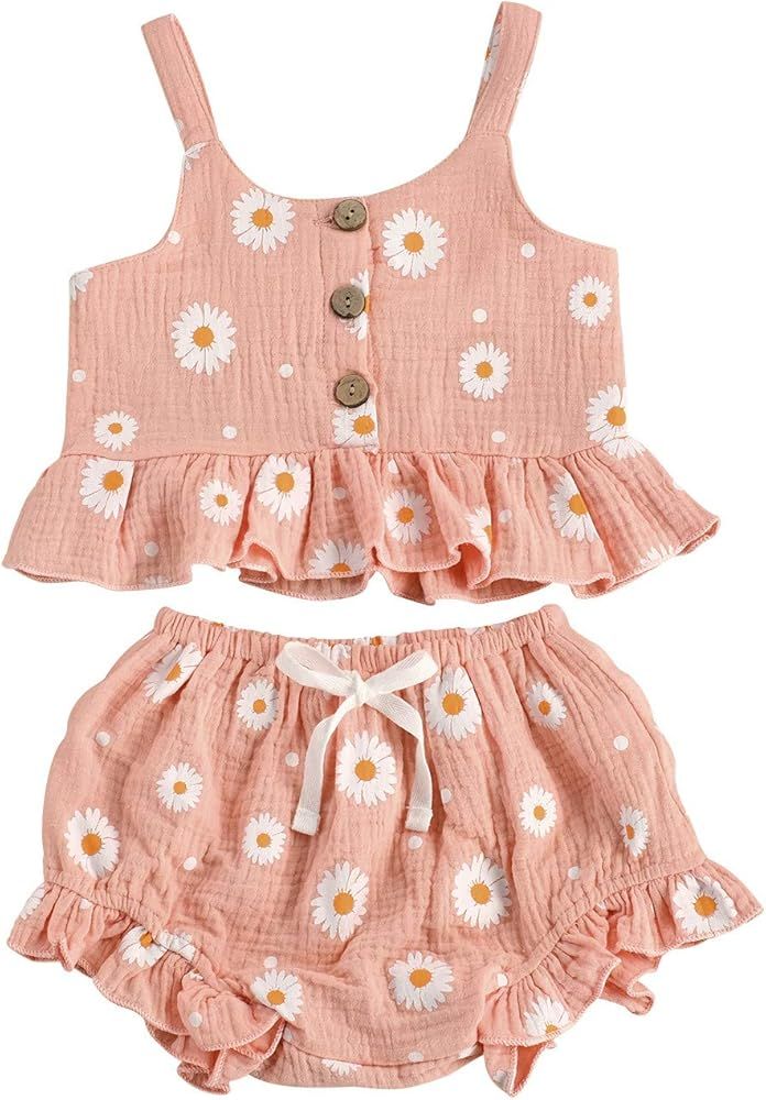 Toddler Baby Girl Summer Clothing Floral Strap Ruffle Top and Shorts Set 2 PCS Outfits | Amazon (US)