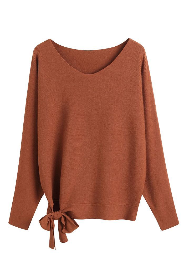 Batwing Sleeve Bowknot Oversize Sweater in Caramel | Chicwish