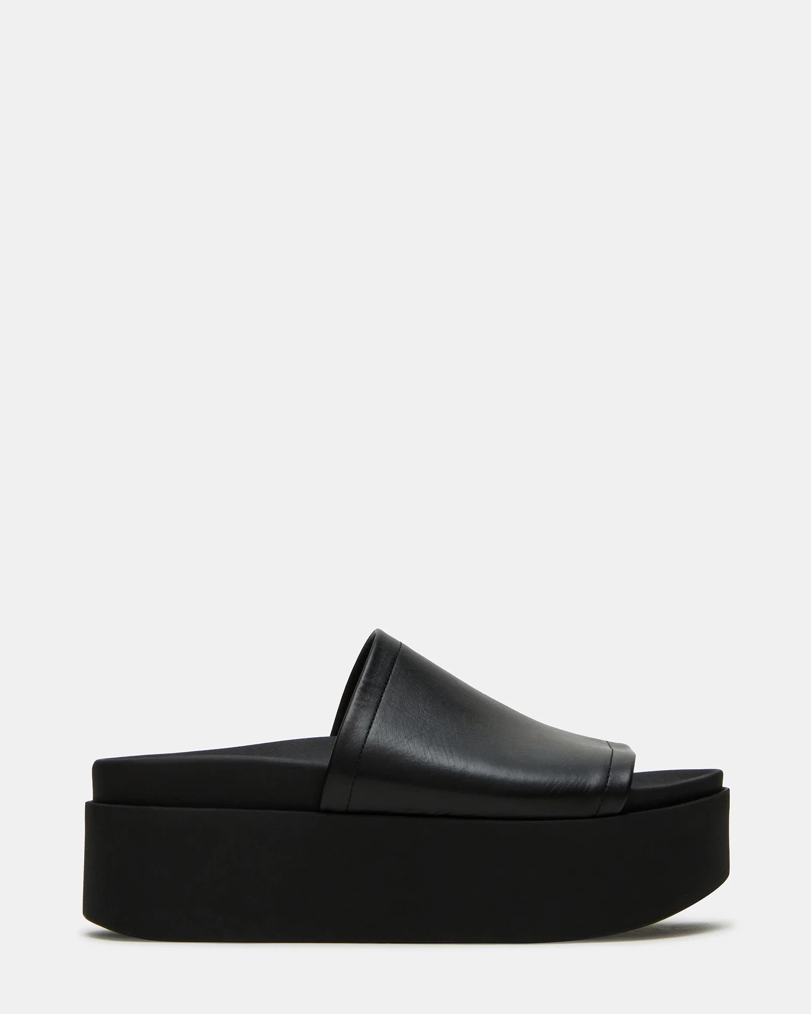 ARWEN Black Leather Women's Platform Footbed Slide Chunky Sandal | Steve Madden (US)