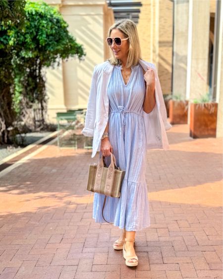 I took a $15 cotton sun dress and added a linen blazer, suede espadrilles and a small linen tote to wear to a business meeting last week…and every woman there wanted to know where I got my dress (Walmart!!)! When I got home, I ditched the jacket (it was 90°), threw on some slides and put my hair up for the rest of the day. I love an easy versatile piece! I’m wearing the dress and blazer in size XS-they’re both roomy. The dress has a drawstring waist and pockets and comes in several other colors. The blazer also comes in several other colors and there is a vest and pants to match from the same collection if you want more of a suiting option. 

Summer dress, workwear, business outfit, fashion over 40, fashion over 50, linen, linen blazer, summer outfit 

#LTKOver40 #LTKFindsUnder50 #LTKWorkwear