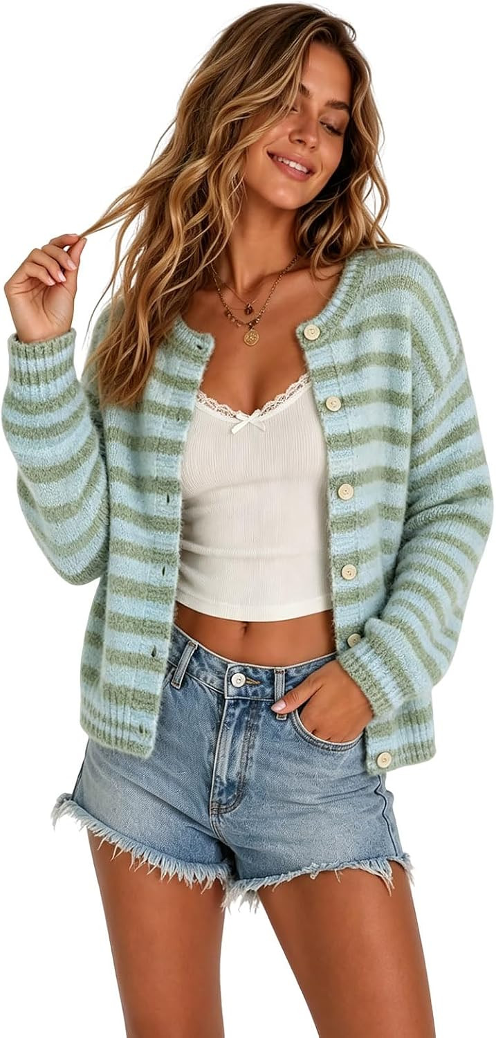 utcoco Women's Cute Rainbow Striped Button Down Knit Cardigan Sweaters | Amazon (US)
