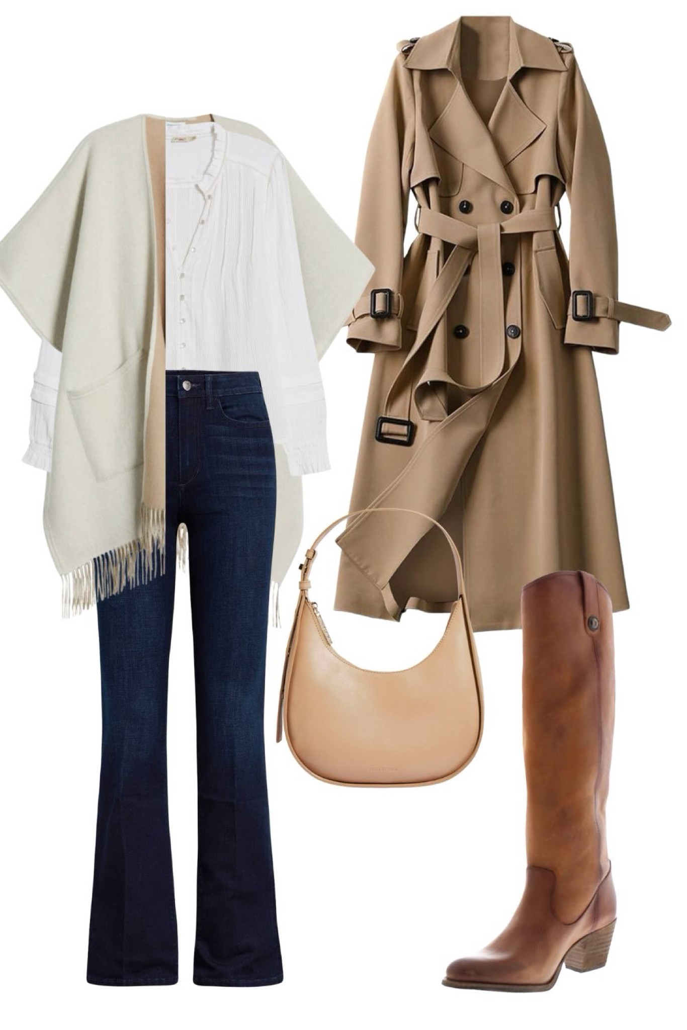 Spring Fit
.
Welcome spring with a gorgeous getup. Start with a great bootcut jean, form fitting and fabulous. Add a classic white button down. And then add layers to accessorize in the best of ways: a knit shawl / wrap, mid calf boots, an amazing trench & an on trend U shoulder bag. 

#LTKstyletip #LTKshoecrush #LTKitbag