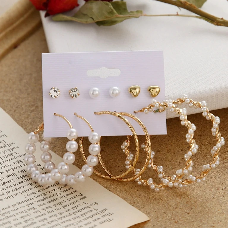 SPRING PARK 6 Pairs Pearl Hoop Earrings for Women Lightweight Open Large Circle Faux Pearl Beaded... | Walmart (US)