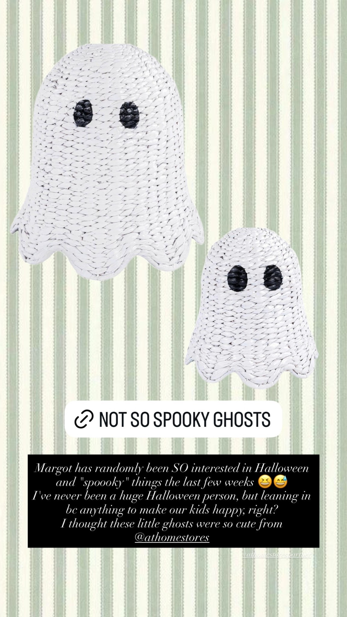 Margot has randomly been SO interested in Halloween and "spoooky" things the last few weeks 😆😅
I've never been a huge Halloween person, but leaning in bc anything to make our kids happy, right? 
I thought these little ghosts were so cute from @athomestores  #athomestorespartner