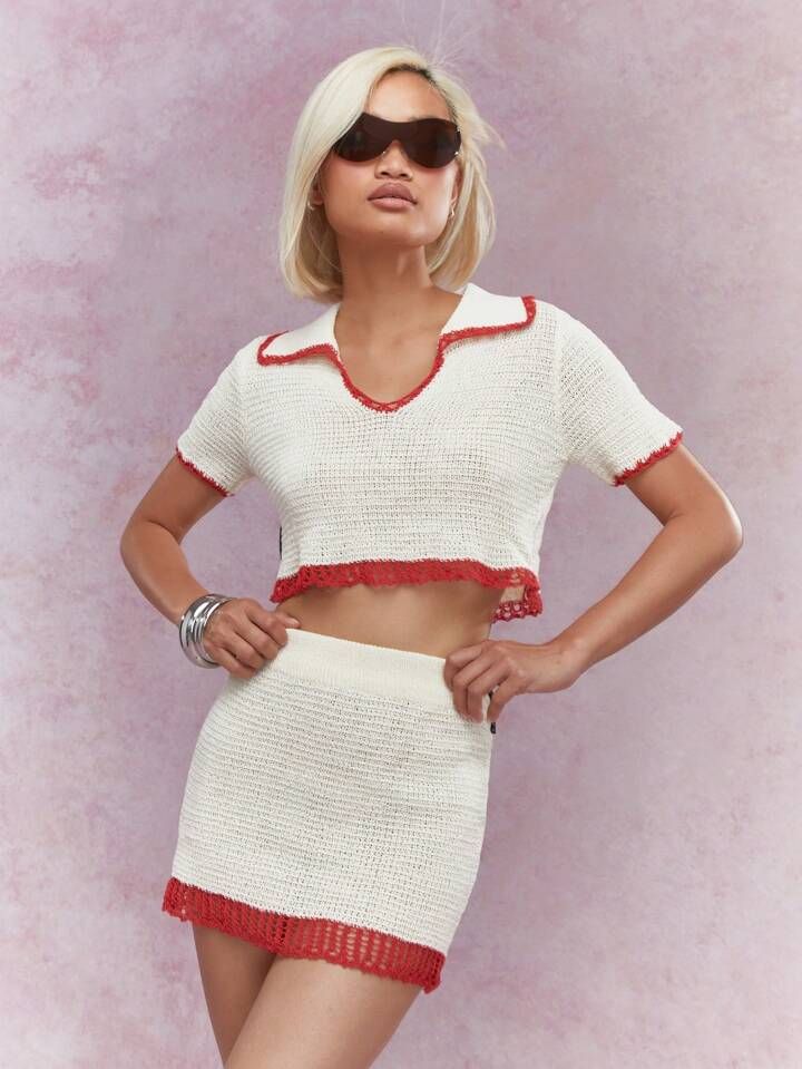 MISSGUIDED Color Block Crochet Knit Collar Crop T-Shirt And Mini Skirt Co-Ord Set | SHEIN USA | SHEIN