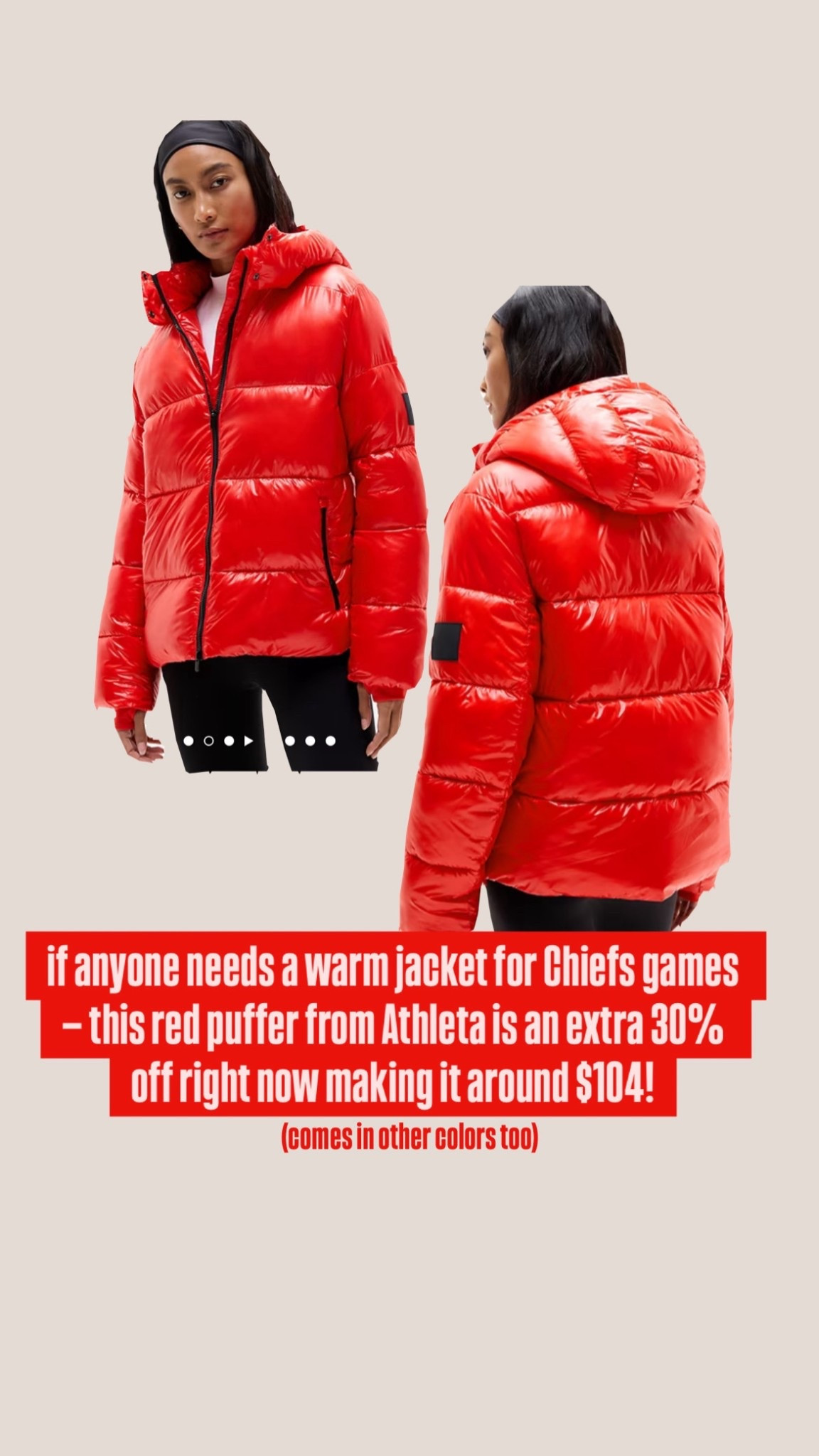 Red puffer warm winter coat from Athleta! Would be perfect for cold weather Chiefs Games at Arrowhead! 

#LTKGiftGuide #LTKFindsUnder100 #LTKSaleAlert