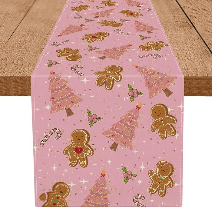 Gingerbread Christmas Decorations Pink Table Runner Pink Tree Glitter Xmas Winter Candy Cane Holi... | Amazon (US)