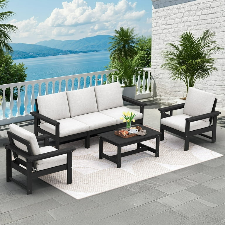 SERWALL Outdoor Patio Furniture Set, 6-Piece HDPE Outdoor Sofa Set Patio Conversation Set, Black ... | Walmart (US)