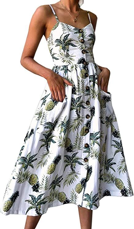 Halife Womens Summer Dresses Casual Spaghetti Strap Floral Button Down Swing Midi Dress with Pock... | Amazon (US)