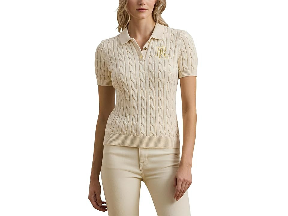 Lauren Ralph Lauren Cable-Knit Cotton Polo Sweater Women's Sweater Mascarpone Cream : LG | Zappos