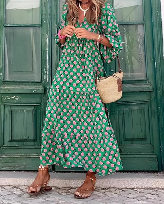 Womens Boho Dresses Summer V Neck Puff Sleeve Floral Flowy Swing Casual Long Dress | Amazon (US)