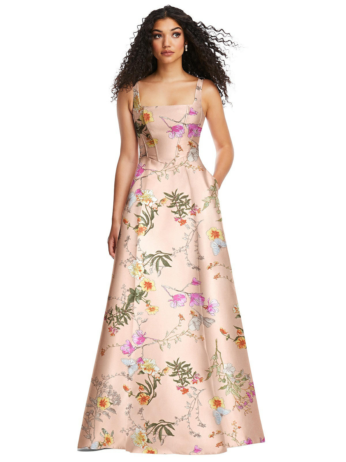 Boned Corset Closed-Back Floral Satin Gown with Full Skirt in Butterfly Botanica Pink Sand | The Dessy Group