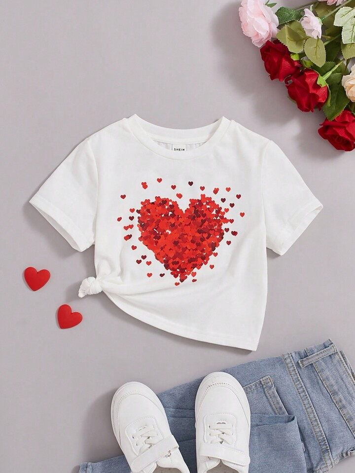 SHEIN Kids SUNSHNE Little Girls' Loose Fit Knitted Solid Color Love Heart Printed Round Neck Casu... | SHEIN