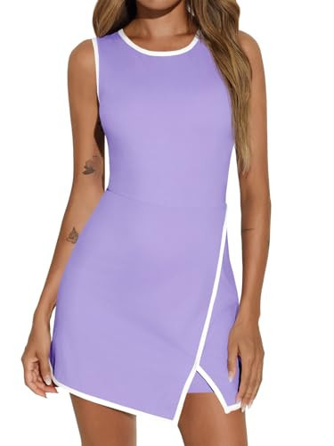 Fisoew Women's Workout Tennis Dress with Built-in Bra & Shorts Pockets Sleeveless Crewneck Golf Athletic Mini Dresses Violet | Amazon (US)