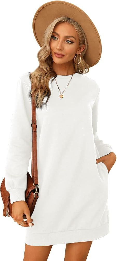 Fangetey Women's Fleece Sweatshirt Dress - Long Sleeve Crewneck Pullover Tops - Solid Color Casua... | Amazon (US)