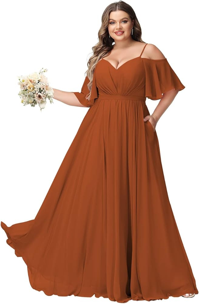 Elegant Women Plus Size Bridesmaid Dresses 2024 with Slit Cold Shoulder Chiffon Formal Party Dres... | Amazon (US)