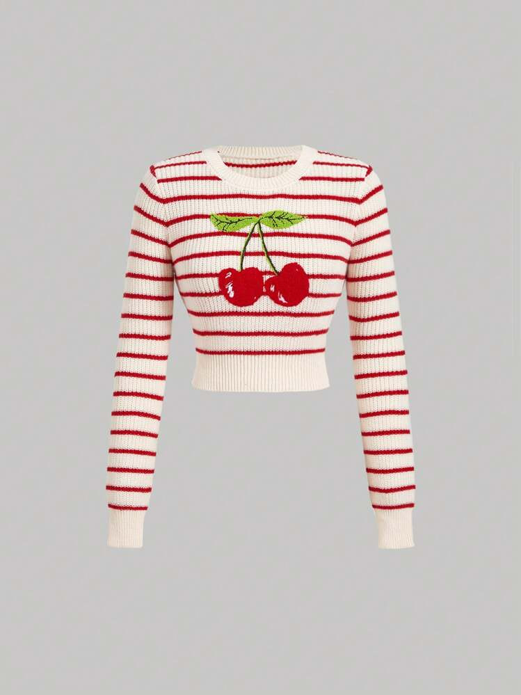 SHEIN MOD Winter,Red And White Striped Cherry Print Round Neck Crop Pullover Sweater For Women,Cu... | SHEIN