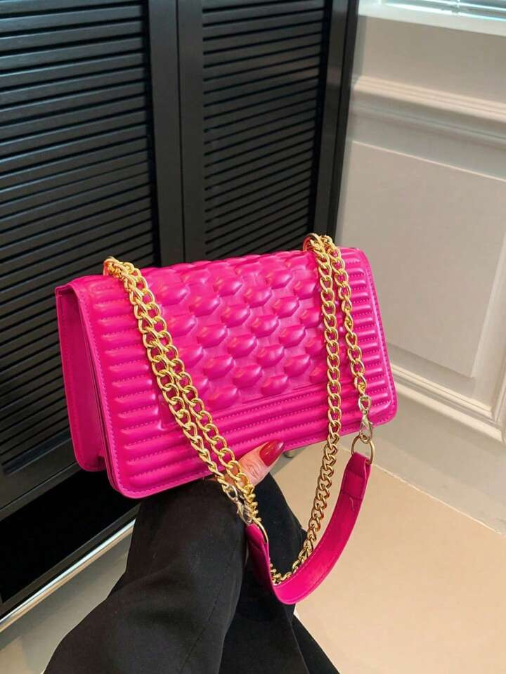 Lightweight,Business Casual Embossed Detail Square Bag Chain Flap PU Neon Pink For Teen Girls Wom... | SHEIN