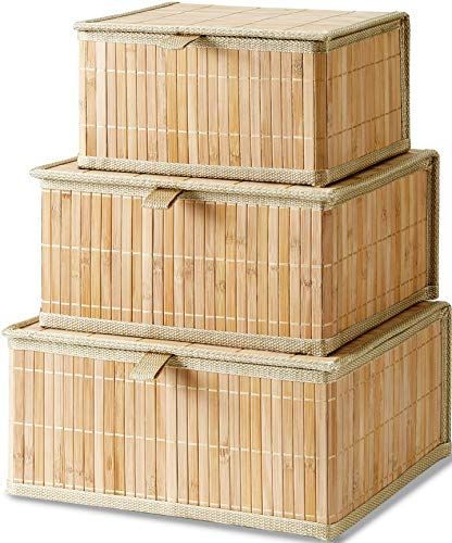 Honygebia Bamboo Decorative Storage Boxes - Rectangle Lined Basket with lids Organizer for Shelf ... | Amazon (US)