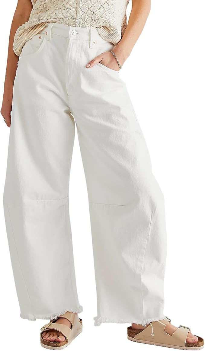 HOTIAN Barrel Jeans Women Wide Leg Mid Rise Barrel Denim Pants Vintage Horseshoe Jeans Pockets | Amazon (US)