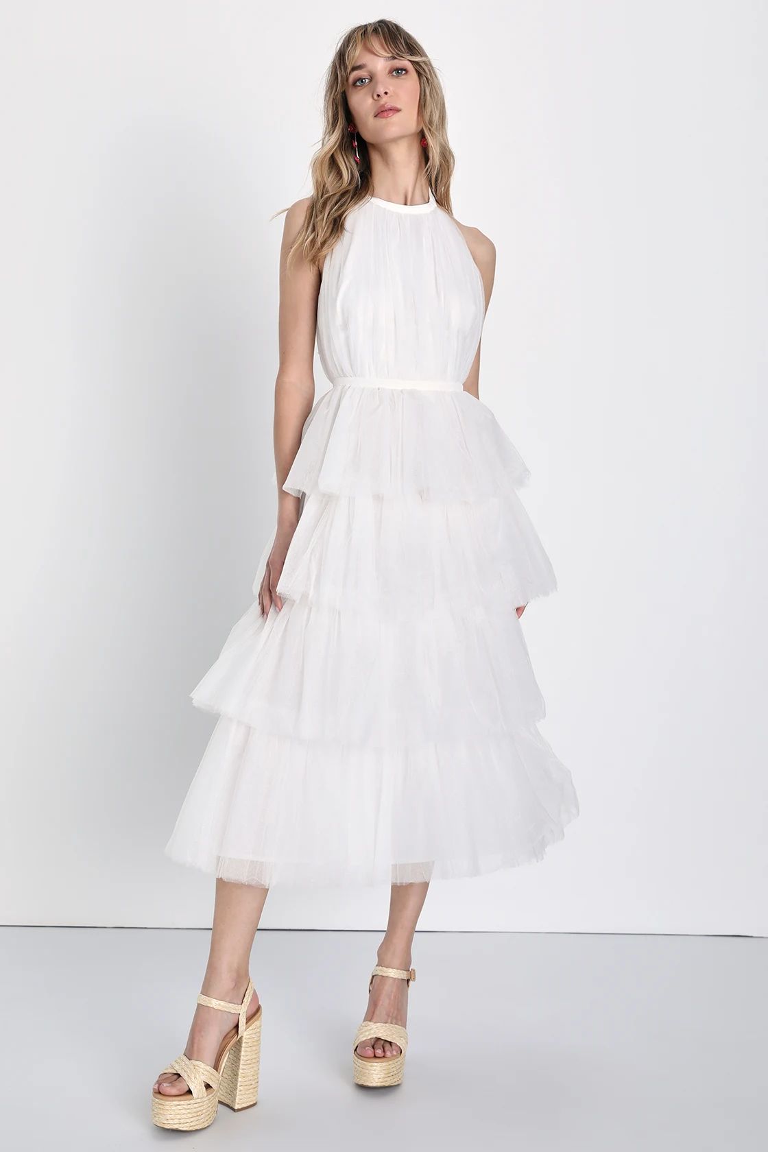Magical Evenings White Tulle Halter Neck Tiered Midi Dress | Lulus (US)