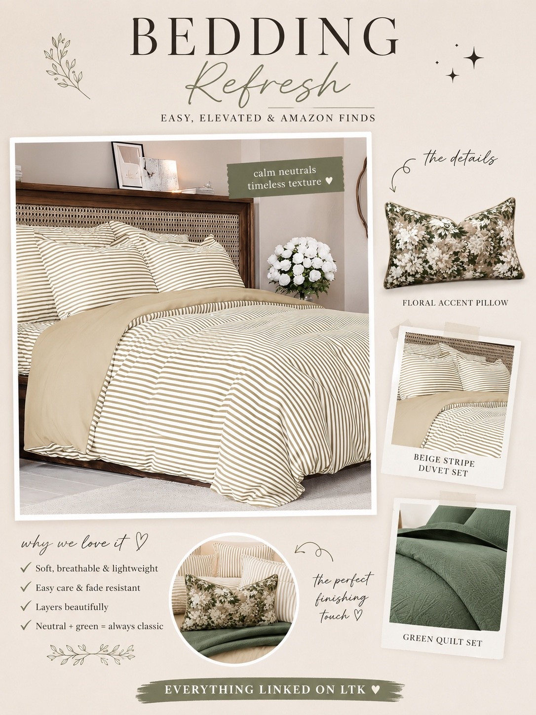 The easiest way to make a bedroom feel expensive? Layer texture instead of color.

I paired a striped duvet with a rich olive quilt and finished it with a vintage-inspired floral lumbar pillow. It’s cozy, timeless, and feels like something you’d find in a restored historic home.

Amazon bedding • bedroom refresh • cozy bedroom • neutral bedding • olive green bedding • striped duvet • floral pillow • Modern Heritage • historic home style • Nancy Meyers inspired • Ralph Lauren home aesthetic • cottage bedroom • timeless home decor

Hashtags

#LTKHome #BedroomRefresh #AmazonHome #ModernHeritage #HistoricHome #NancyMeyersStyle #CozyHome #CollectedHome #TimelessInteriors #NewEnglandHome

#LTKHome #LTKSaleAlert #LTKSeasonal