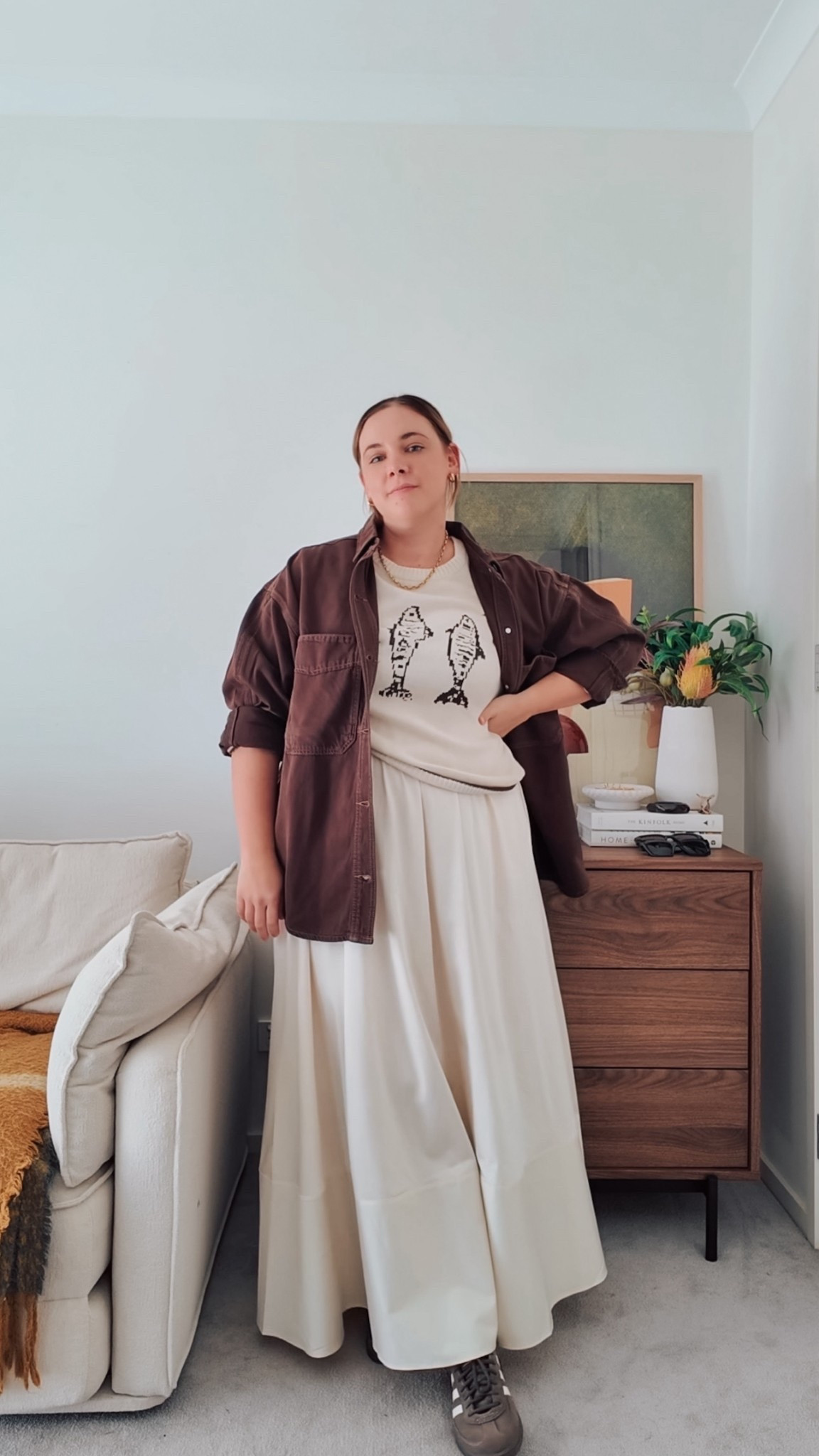 Fishy jumper - size m
Cream Skirt - size 14
Brown Jacket - size xl

#LTKaustralia #LTKmidsize