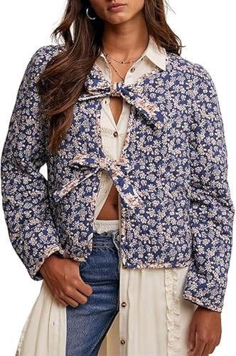 Yinawsky Women's Warm Quilted Jackets Floral Print Front Bow Tie Quilt Jacket Long Sleeve Padded Warm Outerwear(0304-Blue-L) | Amazon (US)