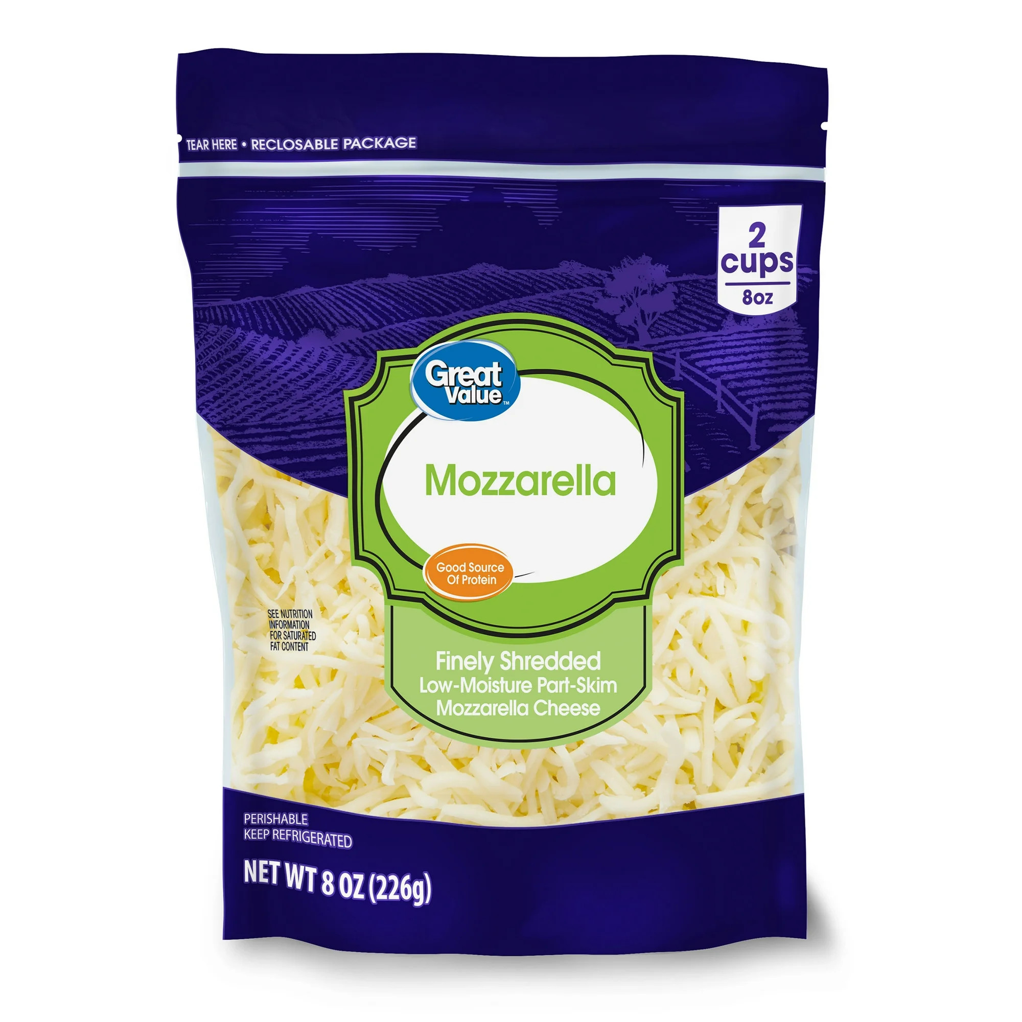 Great Value Low-Moisture Part-Skim Mozzarella Finely Shredded Cheese, 8 oz Bag | Walmart (US)
