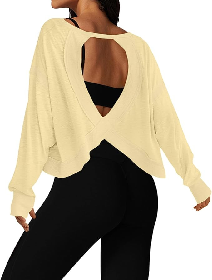 UNIANKIYA Open Back Workout Tops for Women Long Sleeve Cropped Athletic Clothes Gym Running Yoga ... | Amazon (US)
