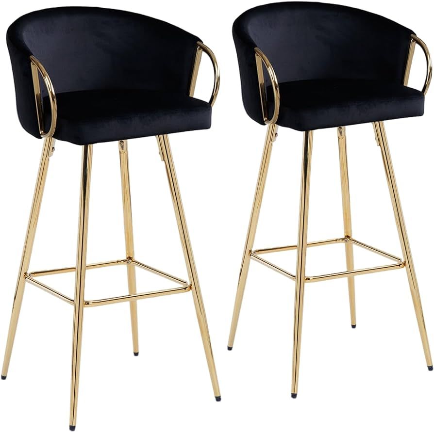 Bar Stools Set of 2, 30 Inch Counter Height Bar Stools Velvet Low Back Chair with Golden Armrest ... | Amazon (US)