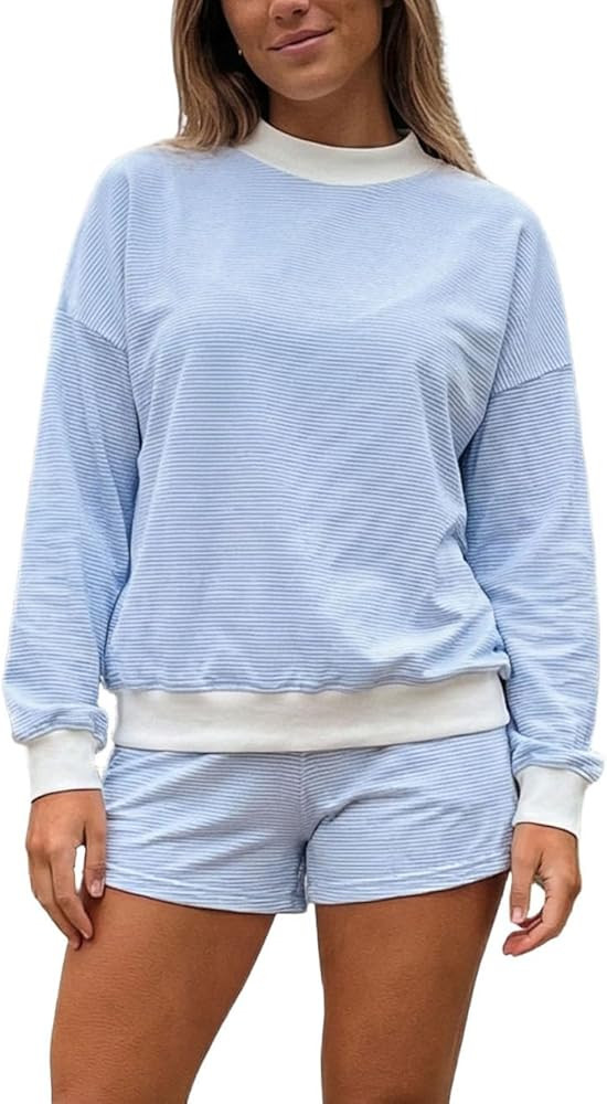 Mxiqqpltky Striped Sweat Sets for Women 2 Piece Shorts Outfits Y2k Long Sleeve High Neck Pullover... | Amazon (US)