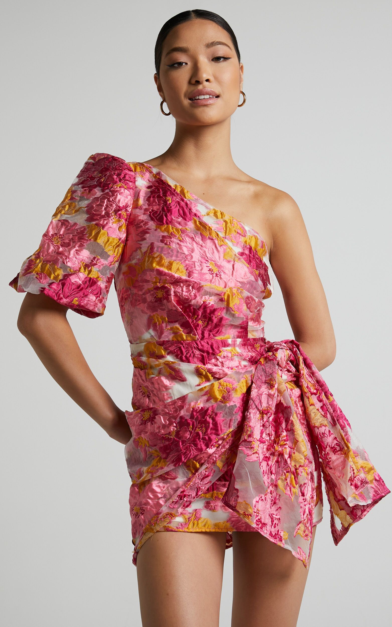 Brailey Mini Dress - One Shoulder Puff Sleeve Dress in Pink Jacquard | Showpo (US, UK & Europe)