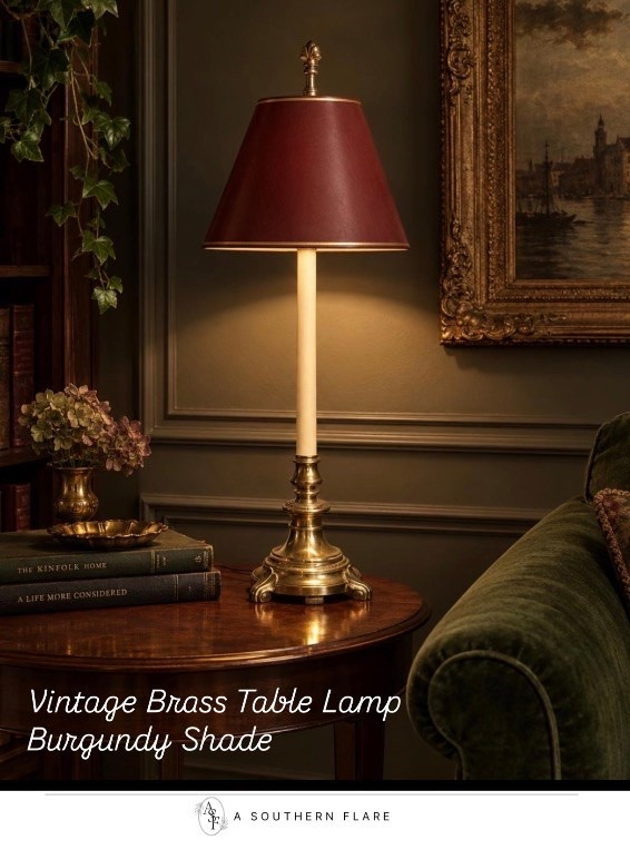 Vintage Brass Table Lamp Burgundy Shade/ 1 available