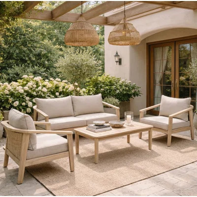 Avalon 4-Person Modern Outdoor Acacia Wood And Wicker Conversation Set With Cushions | Wayfair North America