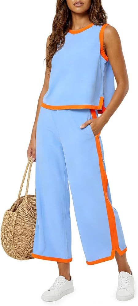 Amazon.com: Fisoew Womens 2 Piece Outfits Summer Sleeveless Wide Leg Capris Tracksuits Casual Cot... | Amazon (US)