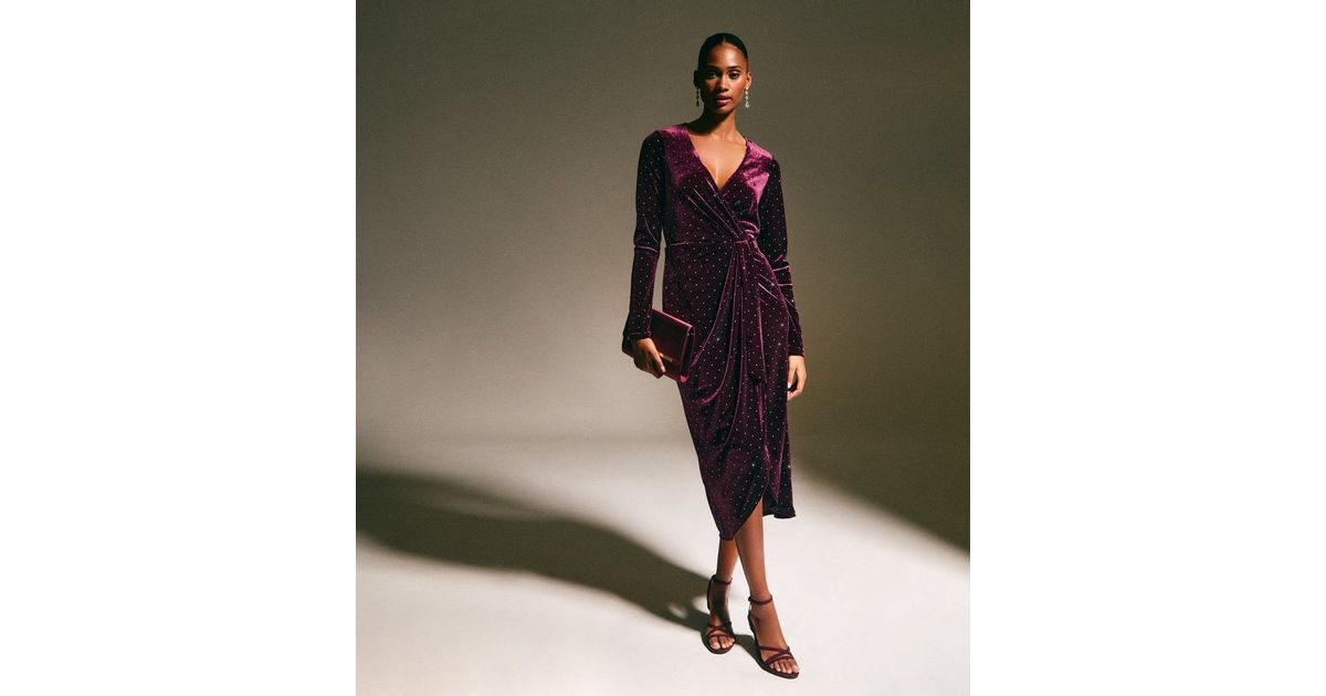 Dark Burgundy Velvet Diamante Embellished Wrap Midi Dress | New Look | New Look (UK)