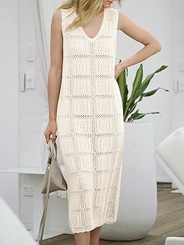 Fisoew Womens Crochet Sleeveless Dress Casual Summer V Neck Boho Knit Cover Up Beach Vacation Mid... | Amazon (US)