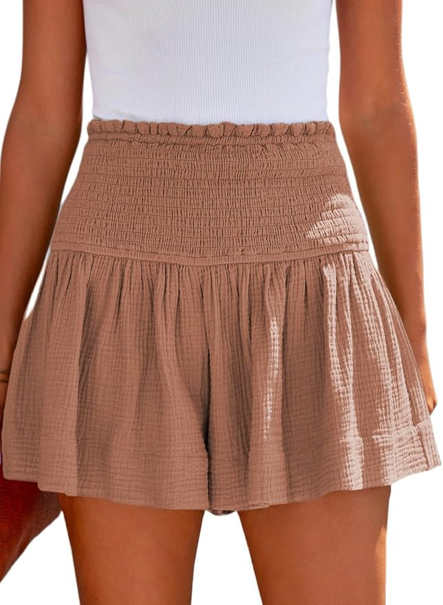 Dokotoo Womens Shorts Cotton High Elastic Waisted Pleated Ruffle Cute Shorts Beach Flowy Casual S... | Amazon (US)