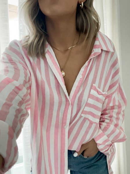 Summer vibe ☀️ 

Oversized pink striped button up 💕 this is last seasons but linking this year’s version! 

Sizing Details ✨ 
5’4’’ • 124lbs • 30D 

Top: XL ‼️ I sized WAY up for this. From my typical XS/S to XL for a massive oversized dramatic fit! 🫶🏻
Bottom: 25 Curve


#LTKSeasonal #LTKFindsUnder50 #LTKStyleTip