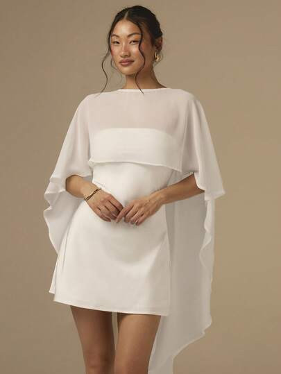 COSMINA 2 Piezas/Set Vestido Mini De Satén Con Corte Sesgo Y Capa Chal Para Mujer, Vestido De Cóctel De Unicolor Para Boda, Fiesta, Evento, Vacaciones, Blanco | SHEIN