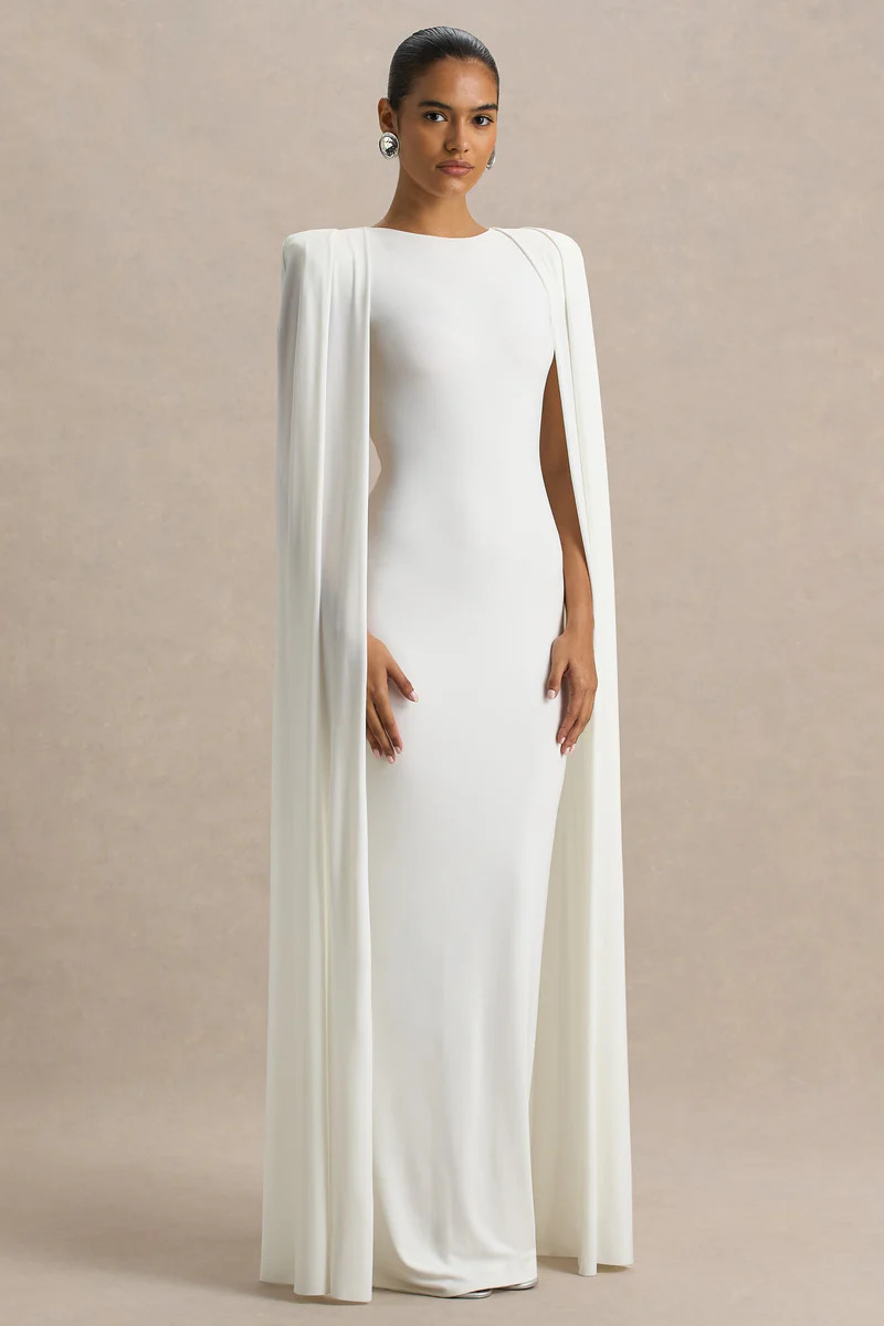Mimi  White Slashed-Neck Maxi Dress With Cape Sleeve Detail | Club L London