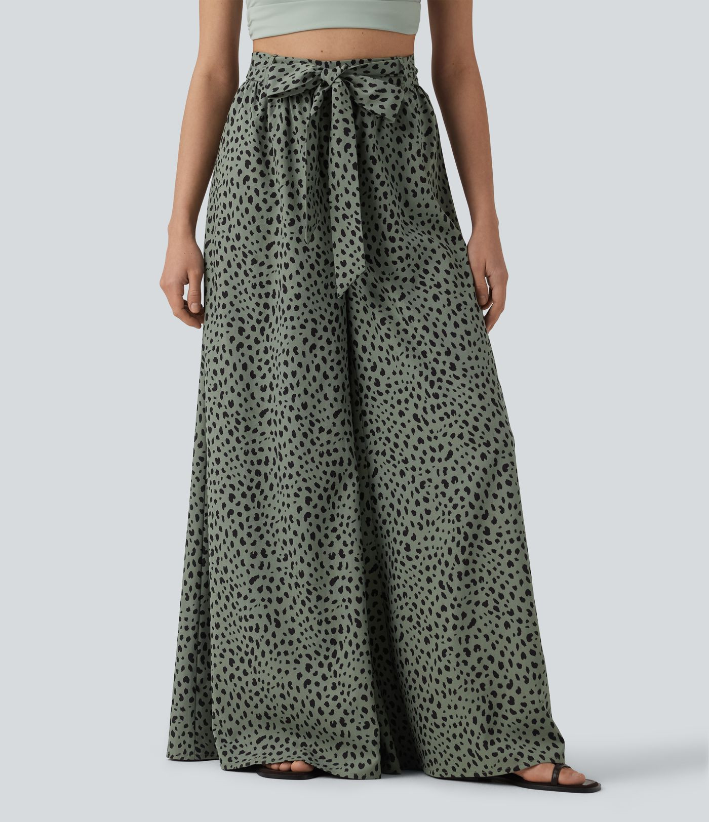 Women\u2019s High Waisted Tie Front Wide Leg Baggy Leopard Print Casual Pants with Pockets - Hala... | HALARA